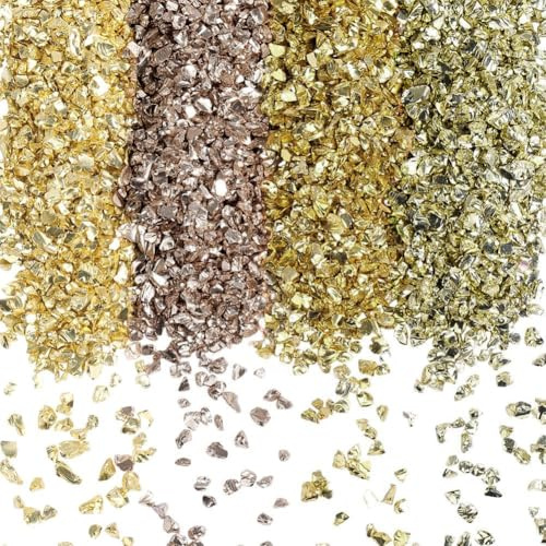 SUNNYCLUE 1 Schachtel 150g 4 Farben Gold Zerstoßenes Kristallglas Zerbrochene Glaskunst Große Menge Unregelmäßige Metallische Glitzerflocken Stücke Chips Für Nagelkunst Kunst Vasenfüller Epoxidharz S