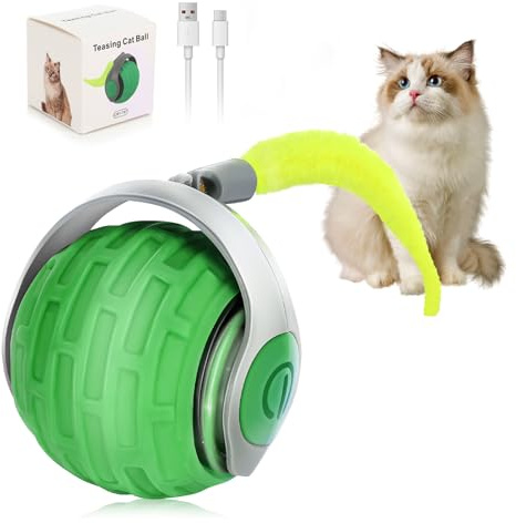 Pavlleen Giocattolo elettrico per gatti con luce LED, palla giocattolo interattiva, ricaricabile tramite USB, 360° con coda di riserva, giocattolo divertente (verde)