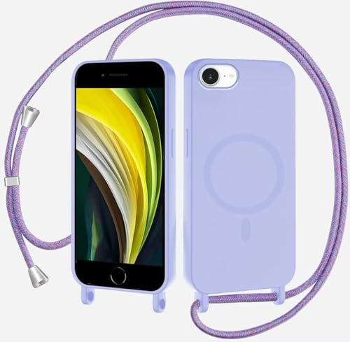 SLWYF Magnetische Handykette für iPhone 6/7/8/SE 2020 Hülle mit Band,Handyhülle Kompatibel mit MagSafe,Silikon Seil Necklace Handyhülle PU Stoßfest mit Abnehmbar Kordel zum Umhängen Case -Lichtviolett
