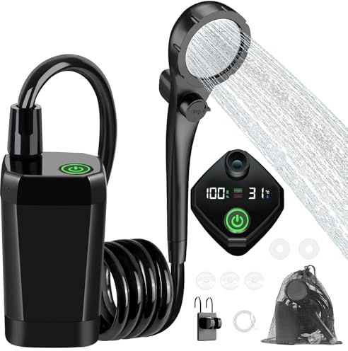Uplayteck Doccia da Campeggio, Doccia Ricaricabile Portatile da 6000 mAh con Impermeabile IPX7, Doccia Portatile con Soffione, Tubo Flessibile e Display della Temperatura, per Spiaggia, Campeggio