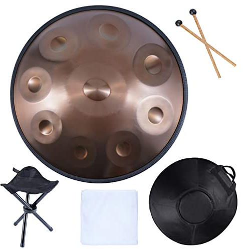 Handpan-Trommel, 22 Zoll, Schlaginstrument, Stahl-Handtrommel mit weicher Handpan-Tasche, 2 Handpan-Schlägeln, Handpan-Ständer, fusselfreiem Tuch – 9/10/12 Noten (optional) (Schwarz, 22 Zoll, 9 Note