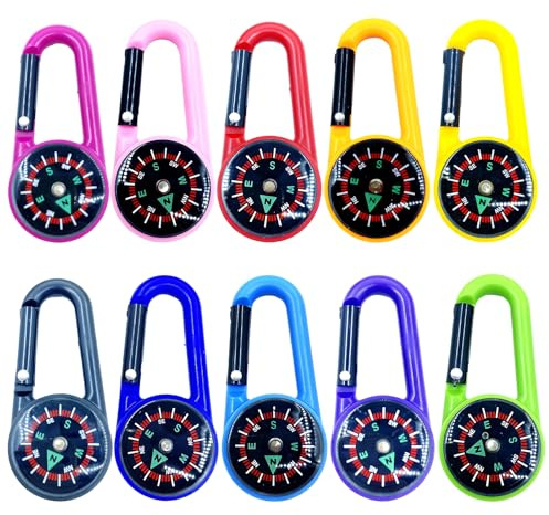 YceLon 10 Stück Kompass mit Karabinerhaken, Bunte Mini Kompass Schlüsselanhänger für Kinder, Multifunktionaler (10 Farben) für Camping, Outdoor, Wandern