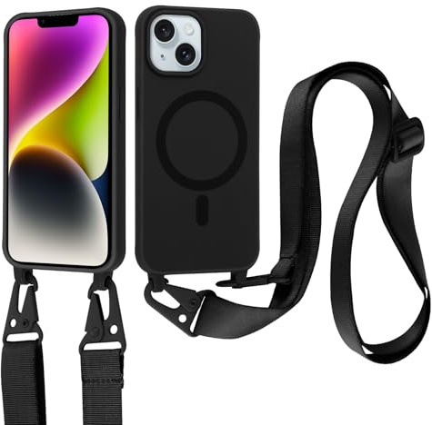 Jrkvniv Coque Magnétique pour iPhone 14/iPhone 13 avec Cordon, Compatible with MagSafe, Silicone Housse avec Lanyard Réglable Portable, Antichoc Bandoulière Lanière Case pour iPhone 14/13 6,1, Noir