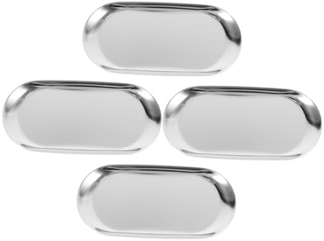 FUNNETOYU 4 Piezas Bandejas Ovaladas Inoxidable Plata para Almacenamiento Toallas Joyas Cosméticos y Aperitivos Organizador Elegante para Baño y Decoración