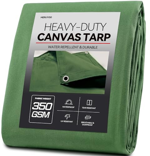 Canvas Tarp 10x12, 350GSM Heavy Duty Canvas Tarps with Rustproof Grommets, 12 oz Durable & Multipurpose Green Tarpaulin for Camping, Patio, Canopy Tent, Truck, Equipment & Woodpile Cover