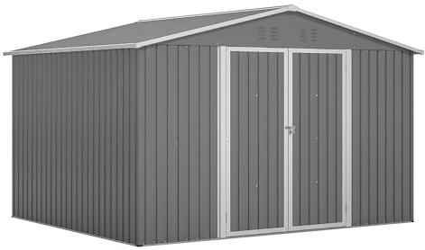 Gartenhaus Metall 289x239x191 cm, 13,2 m³ Gerätehaus mit Fundament & Satteldach, Wetterfester Gartenschuppen für Fahrrad & Gartengeräte, Grau