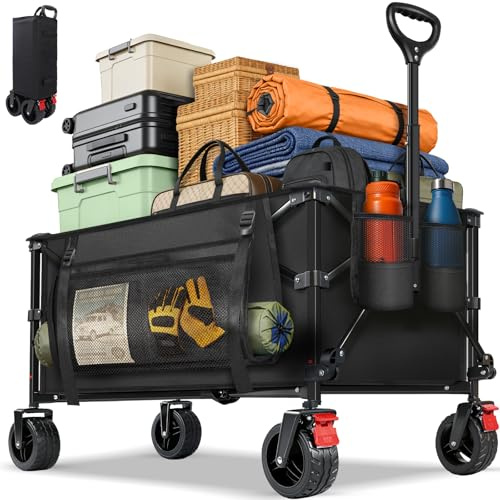 BELEEV Handkärra Hopfällbar med Bromsar, Handkärra Stor XXXL Terränghjul, Sidoficka, Mugghållare, 180L 150KG vagn Hopfällbar Barn, Trädgårdskärra, Kundvagn, Camping -180L | 180 l kapacitet, sidoficka och kopphållare, perfekt för musikfestivaler, stormarknad, trädgård, camping, shopping - 180 l