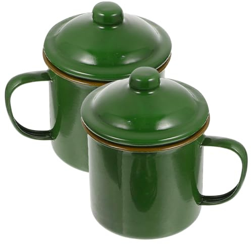 Retro Emaillebecher 2 Stück Grün, Robuste Tassen für Zuhause und Büro | Emalie Tassen, Leicht zu Reinigen und Praktisch, mit Anti Rutsch Griff