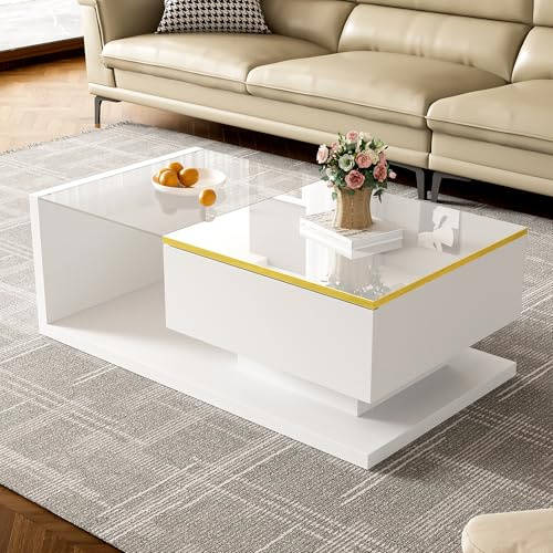 OKMYHOME - Mesa de centro con LED y almacenamiento, mesa de cristal blanco brillante, 90 x 50 x 32,5 cm, color blanco