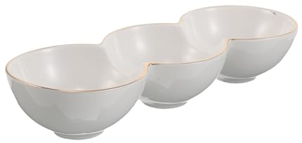Lurrose Plato de Cerámica para Condimentos Triple División 23 CM Borde Dorado Cuencos para Salsa y Aperitivos Bandeja para Salsa de Barbacoa Adecuado para Fiestas y Cenas Familiares