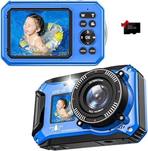 Fotocamera subacquea 4K 33FT UHD per snorkeling con scheda da 32 GB Dual-Screen Compatta 56MP Fotocamera impermeabile antipolvere Fotocamera autofocus galleggiante