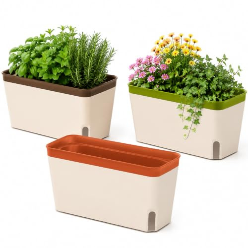 CHUNGG Self Watering Plant Pots, Rectangular Herb Planter with Water Level Window, Indoor & Outdoor Garden Planters Suitable for Balcony, Office, Patio (3 PCS)