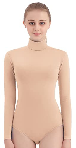 SUPRNOWA Women's Long Sleeve Turtleneck Top Bodysuit Mock Neck Stretchy Leotard Jumpsuit Body Suit with Zipper for Dance Gymnastics Cheerleading Fashion (Large, Nude)