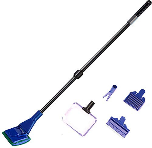 JZMYXA Aquarium Cleaning Tools Kit 5 In 1 Function for Long Deep Fish Tank, Adjustable Length Rod, Including Algae Scrape, Cleaning Sponge, 3.9 Small Fishnet, Gravel Rake, Plant Fork