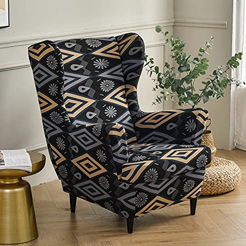Highdi 2-Teilig Ohrensessel Bezug für Stradmon Stuhl, Stretch Sesselüberwürfe mit Modern Druck Elastisch mit Armlehne Sesselhusse für Ohrensessel, Relaxsessel, Fernsehsessel (Schwarze Geometrie)