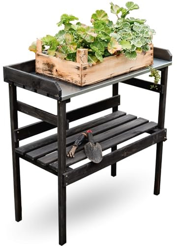 holz4home® Pflanztisch aus Holz mit Zinkplatte I Schwarz mit 2 Ablagen I Gartentisch aus Fichtenholz für Gartenarbeit Innen- & Außen I 78x82x38 cm I Tisch für Gewächshaus Pflanzen Blumentopf umtopfen