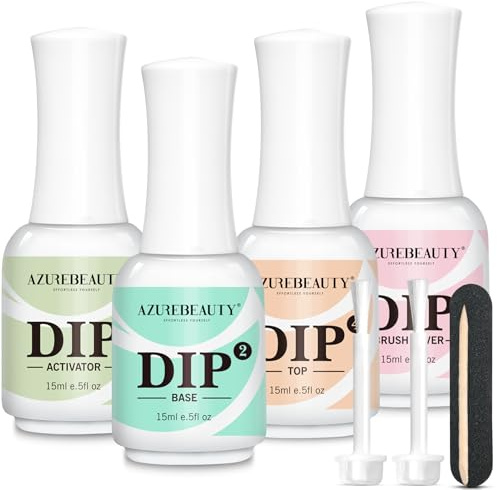 AZUREBEAUTY 4+4pc Dip Powder Liquid Set, 15ml/0.5oz, with Base/Top Coat, Activator, Brush Saver, Nail File– Fast Drying Formula, No UV Light Needed ﻿