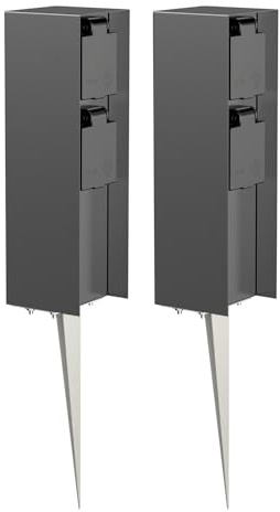 ledscom.de 2X Garten-Steckdosen-Säule POMI mit Erdspieß für außen, IP44, 2-Fach, anthrazit, eckig, 23cm