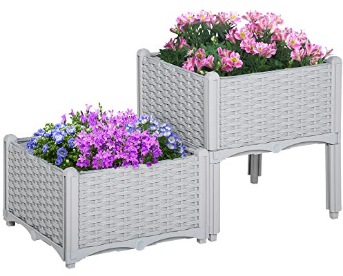 Outsunny Set of 2 26L Garden Raised Bed Elevated Patio Flower Plant Planter Box PP Vegetables Planting Container, Grey
