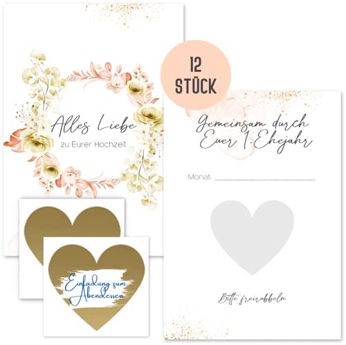 Things of Happiness Hochzeitsgeschenk “Gemeinsam durch Euer 1. Jahr – Hochzeitsspiel für das Brautpaar | 12 Rubbelkarten für Gutscheine für das Brautpaar, Geschenk zur Hochzeit (Peach Koralle)