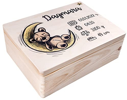 Creative Deco Erinnerungsbox Baby Personalisiert mit Namen - Teddybär | 40 x 30 x 14 cm | Individuelle Erinnerungskiste Geschenk zur Geburt für Mädchen und Jungen | Holzkiste mit Deckel | Farbdruck