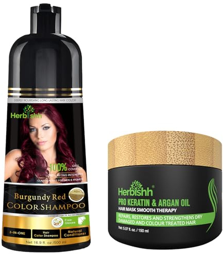 Herbishh Haarfarbe Shampoo für graues Haar 500ml + Argan-Haarmaske für trockenes oder geschädigtes Haar | Haarfarbe | Abdeckung graues Haar für Damen und Herren (Burgundy)