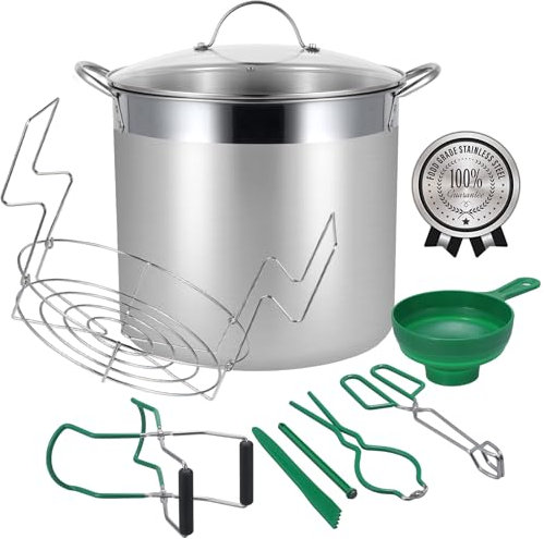 HOMKULA Einmachtopf aus Edelstahl mit Gestell und Deckel, großer Wasserbadkanne, komplettes Starter-Set für Zuhause (20 Quarts, grün)