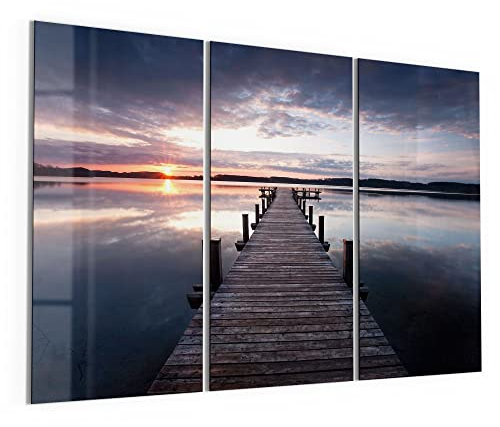DEQORI Glasbilder Acrylglas | Motiv Steg bei Sonnenuntergang | horizontal 3-teilig 150x100 cm | große XXL Deko | Wandbilder für Wohnzimmer, Schlafzimmer, Flur & Küche | moderne Wanddeko