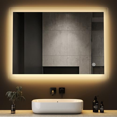 Boromal LED Badspiegel mit Beleuchtung 80x60cm Badezimmerspiegel Badezimmer Wandspiegel 3000-6500K 2880LM Kaltweiß Neutral Warmweiß Lichtspiegel mit Touch Schalter + 3 Lichtfarbe Dimmbar