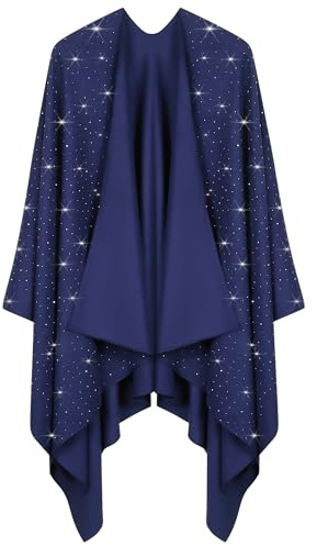 REEMONDE Womens Rhinestones Open Front Poncho Shawl Wrap Cape Ruana Travel Blanket Cardigan (Dark Blue)