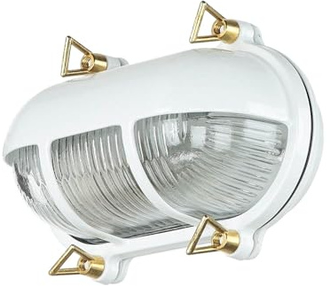 Licht-Erlebnisse Außenwandleuchte Messing Glas in Weiß IP64 Garten Terrasse Haus H:13 cm E27 Schiffslampe Rustikal Maritime Wandlampe Außen SKIATHOS