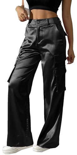 Women's Satin Cargo Wide Leg Pants Silky Party Dressy Casual Pocketed Pant Long Trouser, Black, S