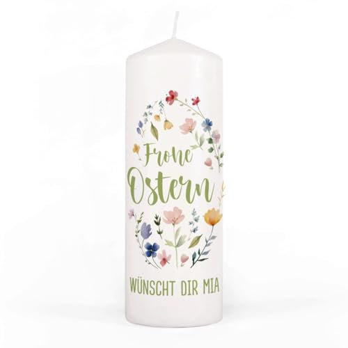 Herz & Heim® Personalisierte Stumpen-Kerze/Osterkerze mit Aufdruck 7 cm x 20 cm (Ø/H) (Frohe Ostern Blumen)
