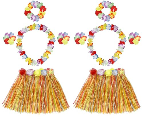Satiskid 10 Stück Hawaii Rock Hula Party Bastrock Set mit 2 Elastisches Blumen Rock Hawaii Kostüm,2 Blumenkette,2 Stirnbändern und 4 Armbändern, Kostümset Hawaii für Beachparty Deko Partyatmosphär