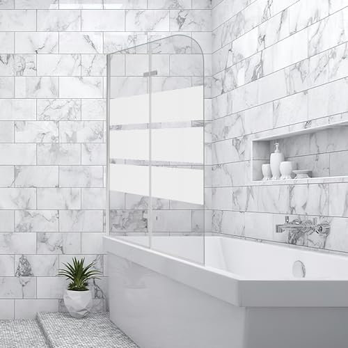 Vigevee Pannello doccia per vasca da bagno, 100 x 140 cm, pieghevole, 2 pezzi, in vetro di sicurezza EGS da 6 mm, pannello doccia a strisce bianche per doccia, vasca da bagno