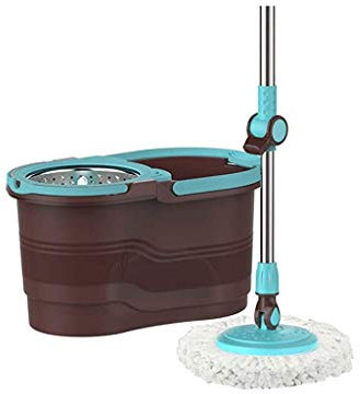OUZBEM Cubo giratorio de 360 grados con escurridor, incluye 2 cabezales de fregona de microfibra y mango de acero inoxidable ajustable, perfecto para la visión de limpieza del suelo del hogar