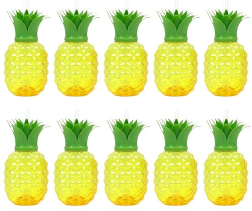 Fiorky 10 Stück Kunststoff-Erdbeer-Ananas-Trinkbecher mit Strohhalm, Partybecher, Obstform, Wasserbecher, Hawaii-Party-Dekoration, Luau, Sommer, Strand, Pool, Party-Dekoration (10 Stück An