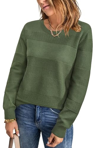 Arach&Cloz Pulls Femme en Automne 2025 Tops Casual Tricotés Col Rond au Crochet à Manches Longues Vert Armée