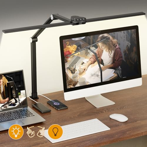 Nulmvic Schreibtischlampe LED Klemmbar - 24W 76CM Doppelkopf Schreibtischlampe Dimmbare mit Bewegungssensor Schalter - 5 Farben und 5 Helligkeitsstufen Augenschonende für Büro Lesen Zeichnen
