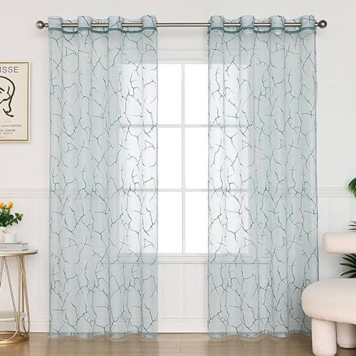 Beydodo Vorhänge Halbtransparent, Gardinenschals 2er Set Schlaufen 137x229CM Landhausstil mit Zweige Motiv Gardinen Polyester Blaugrün Lichtdurchlässig Schiebevorhänge Wohnzimmer Schlafzimmer