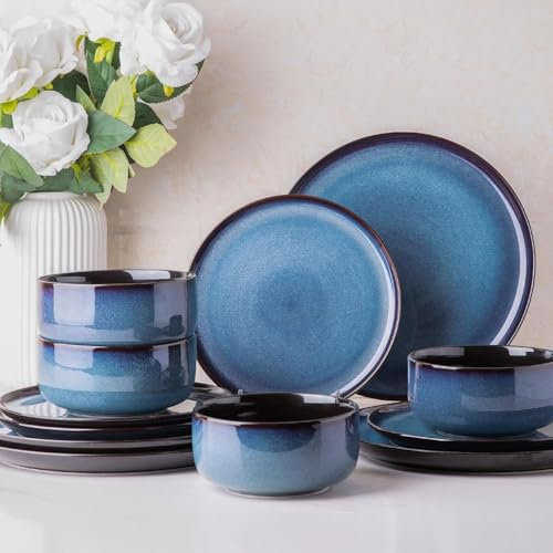 LeRatio Dinner Set for 4, 12 Piece Stoneware Plates and Bowls Set, Chip & Scratch Resistant Reactive Glazed Dinnerware Set, Dishwasher & Microwave Safe Crockery Set (Space Blue, Service for 4)
