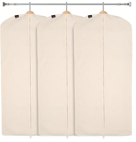 CARASELLE Deluxe 100% Natural Cotton Clothes Cover Protector Bag with Zip, Garment Covers Wardrobe Storage for Suits/Long Dress for Women (129 x 60 cm, pack of 3)