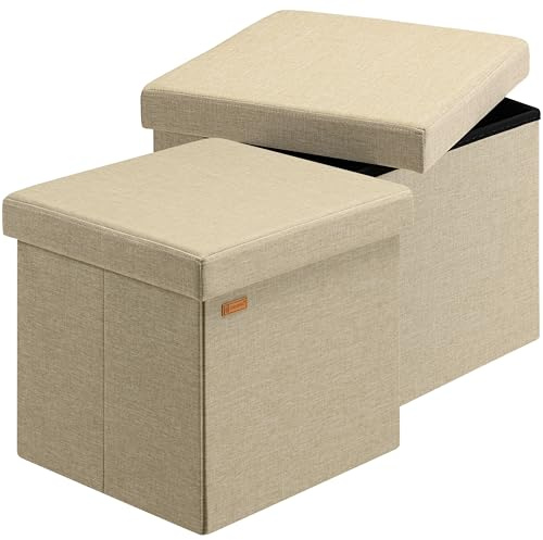 Casaria® Hocker mit Stauraum 2er Set Beige Faltbar Deckel Leinen- Optik Gepolstert 38x38cm Schlafzimmer Wohnzimmer Flur Sitzhocker Fußhocker Polsterhocker