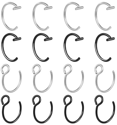 Mabor Confezione da 16 Piercing al Naso Finti, Piercing Falso Argento Nero, setto Falso, Anello al Naso Finto, Anello al Naso Finto in Acciaio Inossidabile, setto al Naso