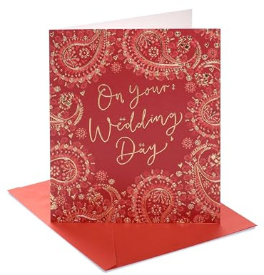 UK Greetings | Wedding Card | Bride & Groom | Her/Him | Red & Gold Design | With Envelope | 165 x 190 mm