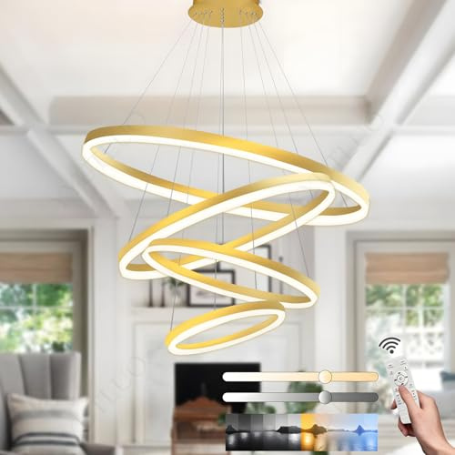 YYUTLUO Moderner DIY-Kreis-LED-Kronleuchter, 4 Golden Ring, ∅40+60+80+100=120W, H200cm Höhe Verstellbar, Metall+Acryl, Dimmbare Fernbedienung, Runde Hängelampe, Wohnzimmer Schlafzimmer Restaurant Büro