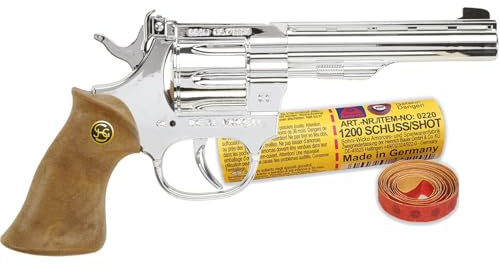Hochwertige Pistole Revolver Gewehr inkl. 144 Schuss-Munition Polizei Cowboy für Kinder & Erwachsene Kostüm-Zubehör (Revolver Kadett Silber)