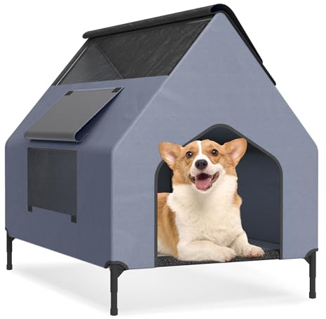 FIVMEN Hundehütte Hundehöhle Hundebett aus Oxford-Material und Atmungsaktives Netzgewebe 2 in 1 Erhöhtes Hundeliege Hundehaus für Hunde&Katzen, 109,5x74,5x93 cm