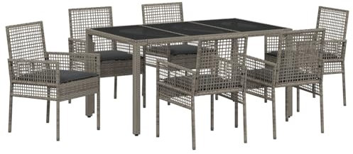 vidaXL Outdoor Garden Table Set with Tempered Glass Top - Grey PE Rattan Comfortable 6-Seater Patio Dining