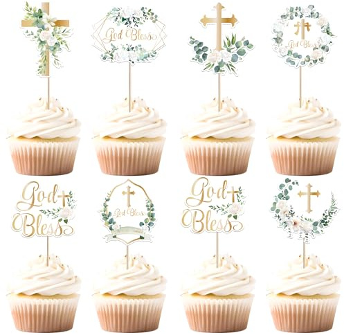 Xsstarmi Cupcake-Topper mit Kreuz-Motiv, weißer Kranz, für christliche Taufe, Babyparty, Jungen, Mädchen, Erstkommunion, Party, Kuchendekoration, 35 Stück